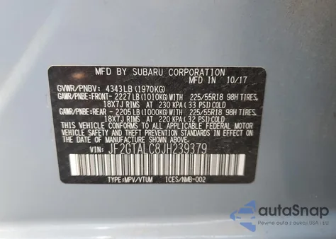 2018 Subaru Crosstrek Limited z USA, uszkodzony, nr VIN JF2GTALC8JH239379